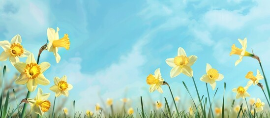 Daffodils set against a blue sky create a spring flower backdrop with room for adding text. - obrazy, fototapety, plakaty