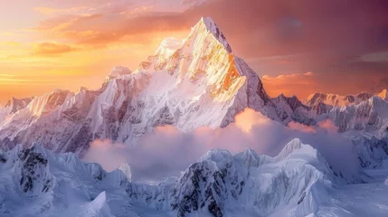 Zelfklevend Fotobehang Mountain Peak. Sunset Light on Snowy Masherbrum Peak in the Karakoram Mountain Range © AIGen