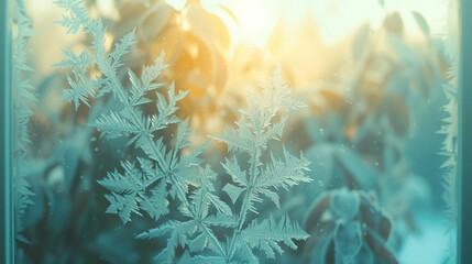 Frost patterns on a window with the first light of dawn shining through, set against a pale mint background.