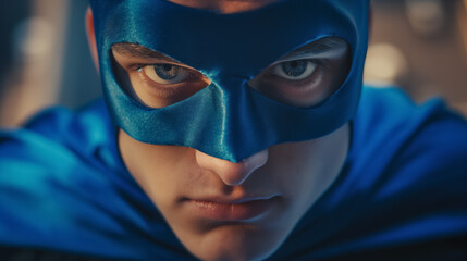 Intense gaze of a young person dressed as a superhero with a blue mask and cape, embodying strength and vigilance. - obrazy, fototapety, plakaty