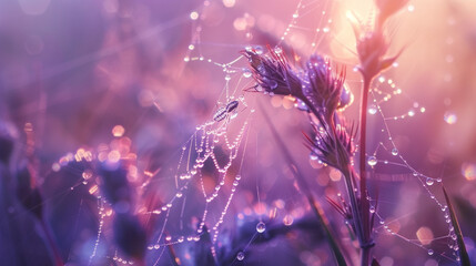 Morning dew clinging to a spider's silk, forming a delicate necklace against a twilight lavender background.