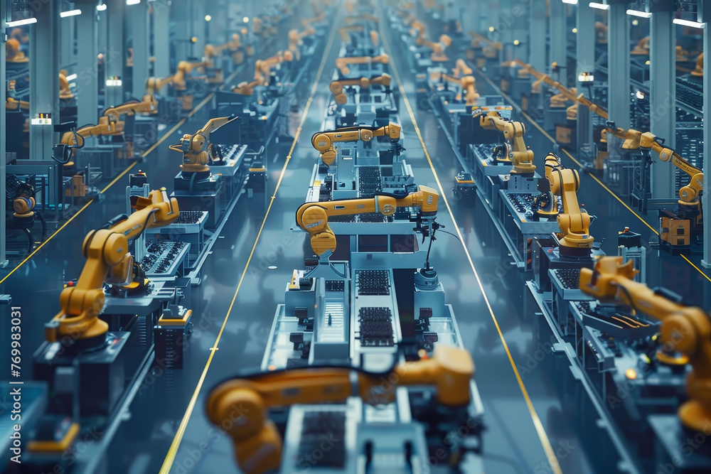 Poster a factory with many robots in it