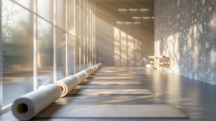 Serene Yoga Haven: Spacious Room with Rolled Mats in Natural Light - obrazy, fototapety, plakaty