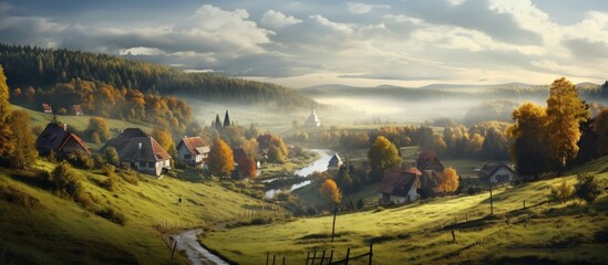 A picturesque village nestled in the mountains with a meandering river flowing through, surrounded by lush trees and under a clear blue sky with fluffy cumulus clouds - obrazy, fototapety, plakaty