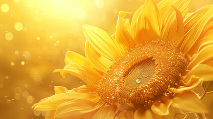The bright, sunlit petals of a sunflower, with intricate details in the center, against a golden yellow background.
