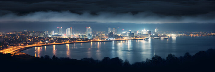 Twinkling Night Skyline, Vibrant City Lights, and Bustling Seaport: A Stunning Night View of...