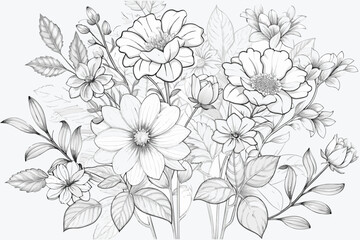 Beautiful Hand-Drawn Floral Line Art Illustration, Botanical Outline Sketch for Coloring Pages