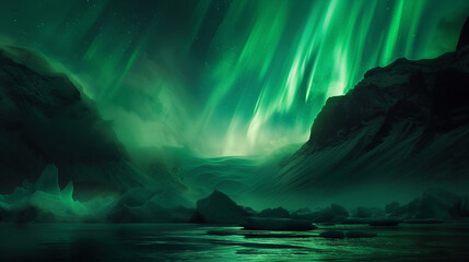 The ethereal beauty of the Northern Lights, dancing across the sky, against a dark emerald...