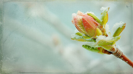 The first bud of spring breaking through the snow, promising renewal, against a soft mint background.