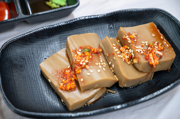 Korea food. Acorn Jelly Salad with soy sauce