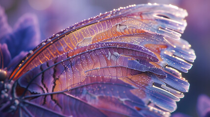 The intricate patterns of a butterfly's wings, focusing on the scales and colors, with a muted lavender background.