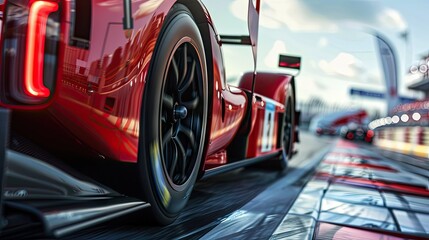 Closeup captures the spinning wheel as the race car tackles the corner, showcasing the adrenaline-fueled action.