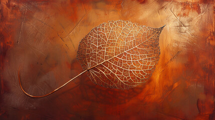 The intricate web of veins in a fallen leaf, bathed in the golden light of autumn, against a rust-colored background.