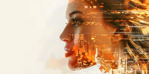 Digital elements merge with a womans face symbolizing the impact of technology on society and individual identity. Concept Technology Influence, Digital Transformation, Identity Impact