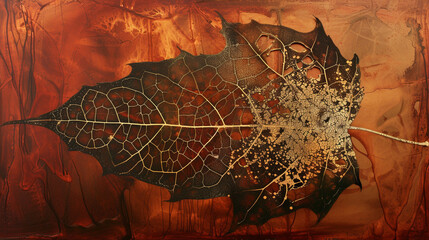 The intricate web of veins in a fallen leaf, bathed in the golden light of autumn, against a rust-colored background.