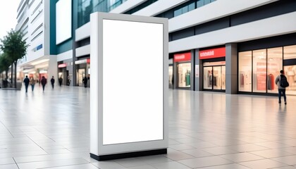 Empty white digital mall kiosk billboard, blank light box advertisement in shopping area for mockup, design, display, marketing created with generative ai - obrazy, fototapety, plakaty