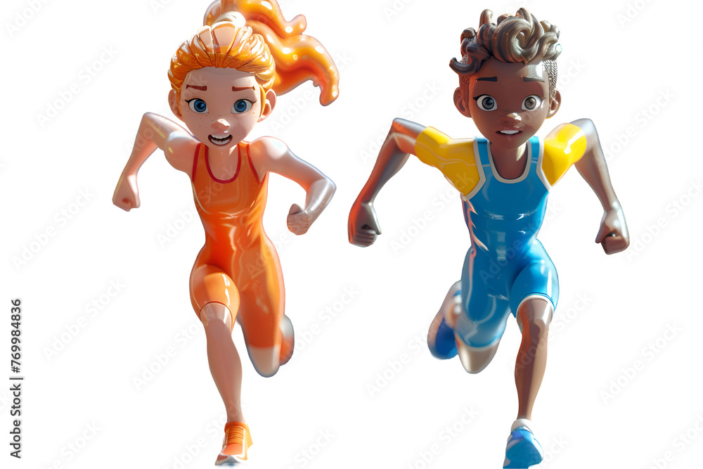 Wall mural a 3d animated cartoon render of two athletes sprinting towards the finish line.