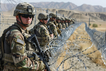 A group of soldiers stand behind barbed wire - obrazy, fototapety, plakaty