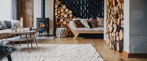 A white rug on the floor of an apartment with wooden flooring and a natural wood wall background