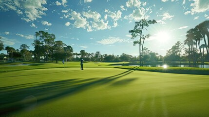 Dynamic view captures the golfer's triumphant putt amidst scenic greenery and blue skies.