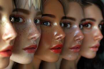 3d rendering of a group of female heads with different skin tones, AI Generated