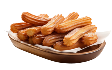 A tray filled with golden churros arranged on a pristine white background