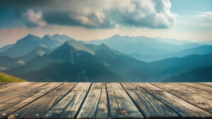 Mountain view from a wooden platform - Scenic panorama of layered mountain peaks from a rustic wooden deck, invoking tranquility and adventure