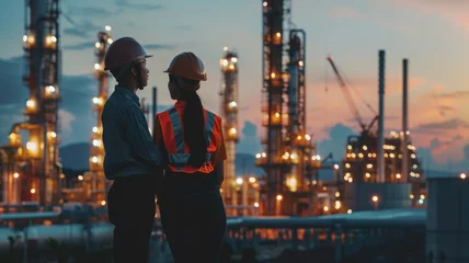 Foto op Canvas Pair of engineers in front of industrial towers at dusk - Twilight scene of two engineers in safety vests discussing in front of towering oil refinery structures © Mickey