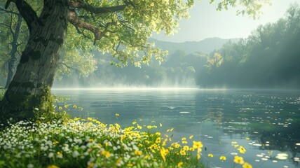 Picturesque lakeside with spring flowers - A peaceful lakeside scene with a large tree, daisies, and vibrant spring flowers in the foreground