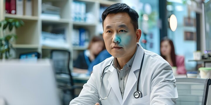 Chinese doctor leading global healthcare discussion via teleconference. Concept Telemedicine, Global Health, Healthcare Technology, Cross-Cultural Healthcare, Teleconference