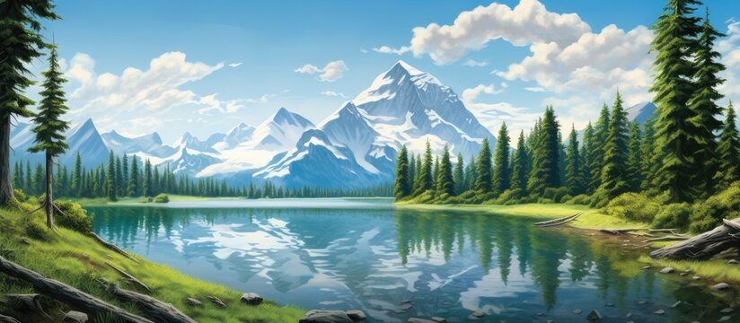 A serene natural landscape painting featuring a lake nestled among towering mountains and lush trees under a clear blue sky with fluffy white clouds