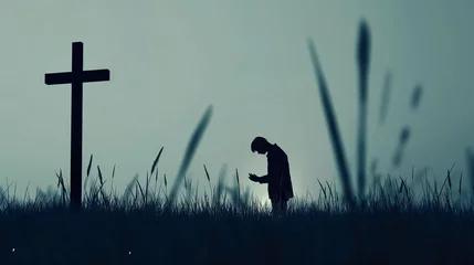 Foto op Plexiglas Homem orando ao lado de uma cruz, Silhueta  © Vitor
