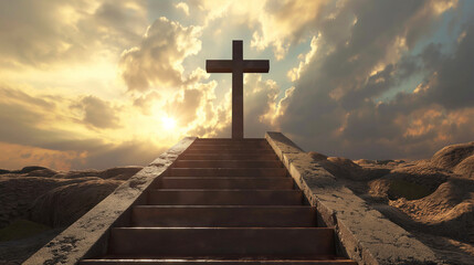 Escadas subindo para uma cruz no ceu