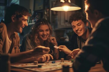 A group of friends gather around a table, engaging in a game of Monopoly. They laugh, strategize, and concentrate on the board and pieces - obrazy, fototapety, plakaty