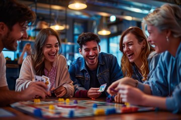 A group of friends engrossed in a game of Monopoly, laughing and strategizing as they enjoy a fun game night together - obrazy, fototapety, plakaty