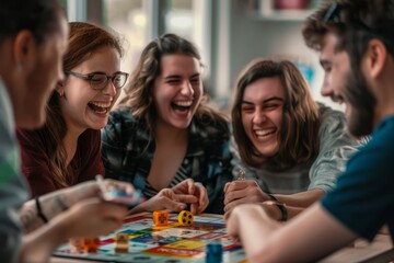 Friends engaged in a lively game of Monopoly, laughing and strategizing around the board with colorful playing pieces and money - obrazy, fototapety, plakaty