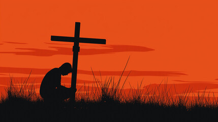 Homem orando ao lado de uma cruz, Silhueta 