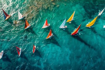 Aerial view of a regatta with a group of sailboats sailing in the ocean, colorful sails creating patterns on the water - obrazy, fototapety, plakaty