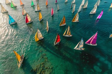 Aerial view of a large group of sailboats with colorful sails floating in the ocean during a regatta