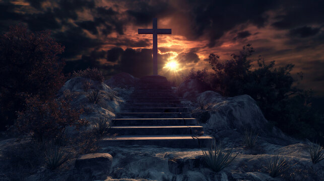 Escadas subindo para uma cruz no céu