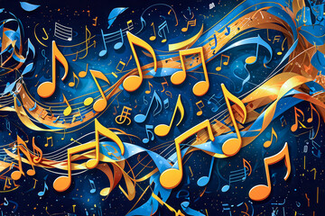 Colorful music notes on blue background.