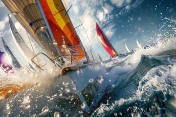 Multiple sailboats racing in the ocean, with white sails billowing in the wind under a blue sky - obrazy, fototapety, plakaty