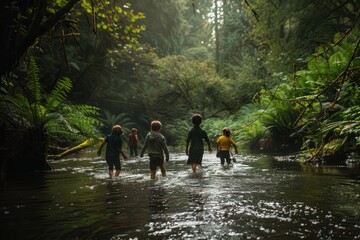 A group of people are crossing a river in a dense forest setting