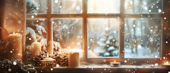 A window wooden frame, candles on the windowsill, Christmas decorations in beige tones inside the room and snowflakes falling outside the glass