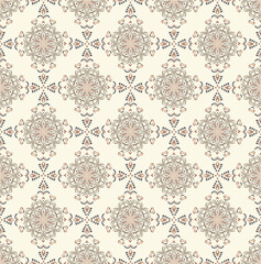 Abstract geometric seamless pattern. Oriental texture, elegant lace backdrop. Indian traditional luxury background. Subtle beige ornament, repeat tiles, modern design for fabric, wallpaper, linen. Man