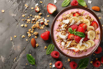 A bowl of fruit with bananas, strawberries, blueberries, and nuts. The bowl is on a table with a white background