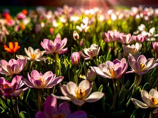 Obraz premium Beautiful spring flowers on the lawn, under the bright rays of the sun.