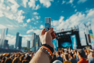 A person standing in a crowd, holding up a cell phone towards the sky - obrazy, fototapety, plakaty