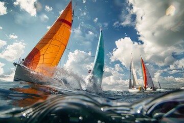 Several sailboats leaning into the wind as they sail across the ocean waters - obrazy, fototapety, plakaty