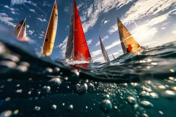 Deurstickers Group of sailboats floating on top of the water, captured in a low-angle dynamic shot © Ilia Nesolenyi